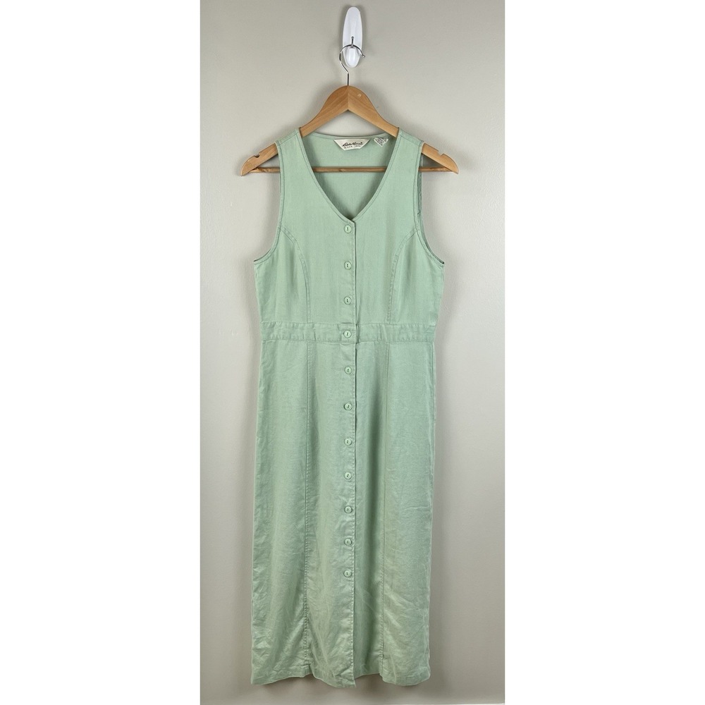 L.L.BEAN Vtg Dress Sz Sm Sleeveless Button Front 100% Linen Minimalist Lagenlook